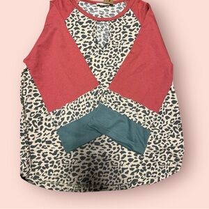 Leopard Print Women’s Top with Red and Teal Accent Long Sleeves